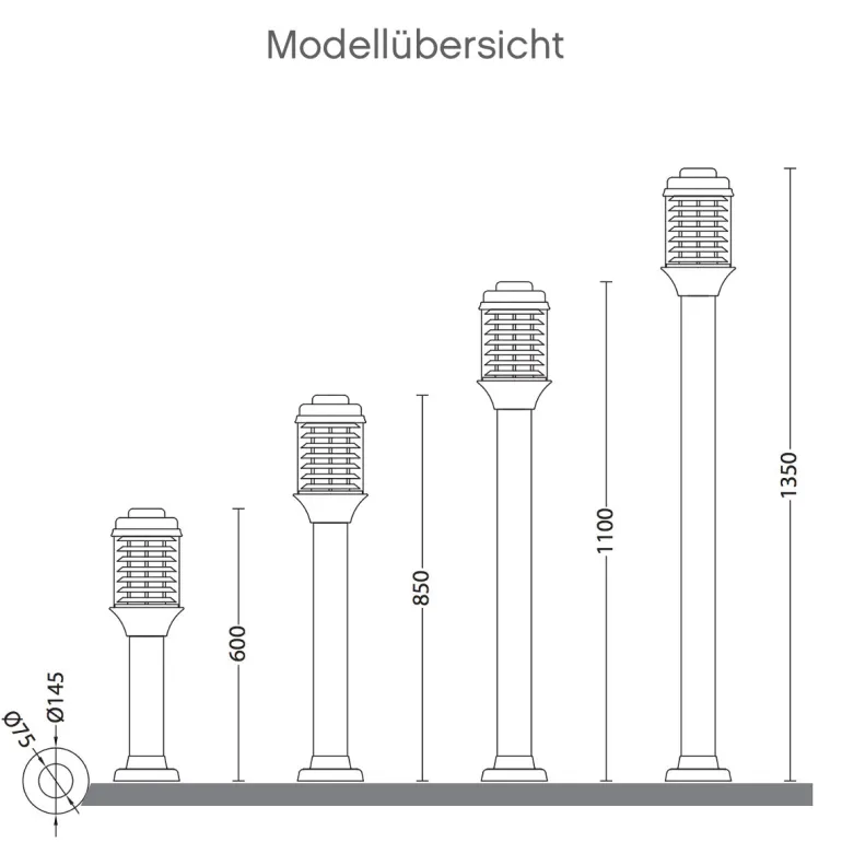 Funktionale Pollerleuchte in vier Größen, auf Wunsch mit Lamellenreflektor