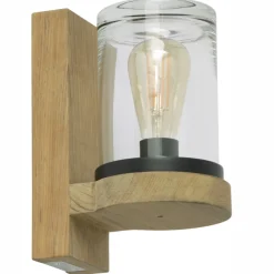 Moderne Außenleuchte CLOCHE mit Teakholz-Wandhalter und handgearbeitetem Glas