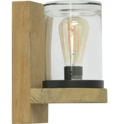 Moderne Außenleuchte CLOCHE mit Teakholz-Wandhalter und handgearbeitetem Glas