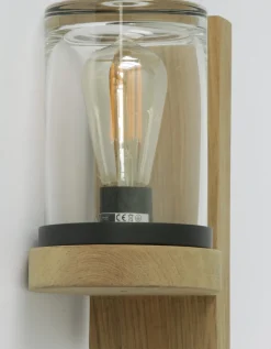 Moderne Außenleuchte CLOCHE mit Teakholz-Wandhalter und handgearbeitetem Glas
