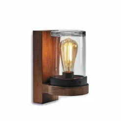 Moderne Außenleuchte CLOCHE mit Teakholz-Wandhalter und handgearbeitetem Glas