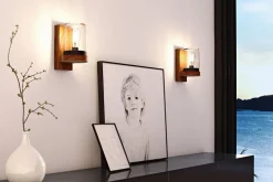 Moderne Außenleuchte CLOCHE mit Teakholz-Wandhalter und handgearbeitetem Glas