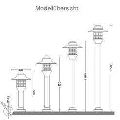 Pollerleuchte in vier Größen, auf Wunsch mit Lamellenreflektor