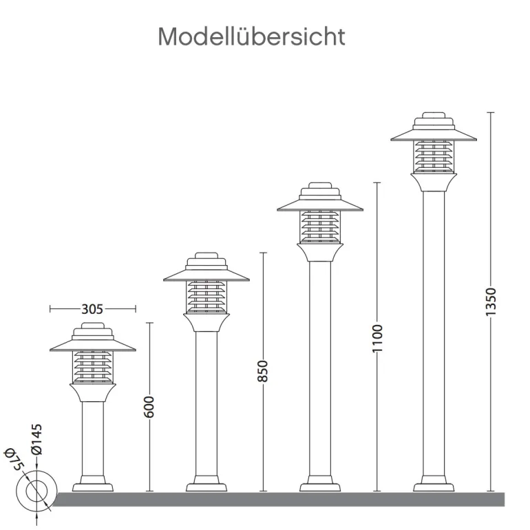 Pollerleuchte in vier Größen, auf Wunsch mit Lamellenreflektor